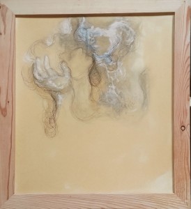 "Amoureux II  " mine de plomb, stylo bille, gouache et vernis sur papier marouflé sur carton                           