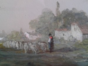 gouache sur papier du peintre belge operant à partir de la seconde moitié du XIXe siècel. détail avec le berger