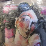 "Cabine d'essayage" les personnages que l'artiste affectionne sont ici représentés en taille réelle dans des tons roses et gris.